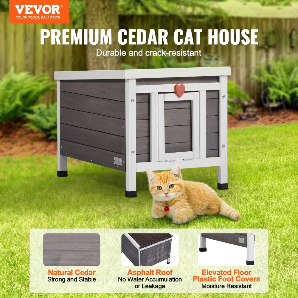 VEVOR Outdoor Cat House Weatherproof, Feral Cat Shelter for Multiple Cats, Outdoor Wooden Cat Rabbit House with PVC Door Flaps and Open Roof, 21"L x 17"W x 17"H
