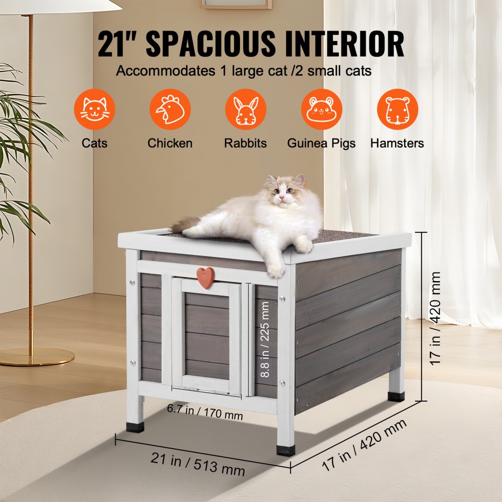 VEVOR Outdoor Cat House Weatherproof, Feral Cat Shelter for Multiple Cats, Outdoor Wooden Cat Rabbit House with PVC Door Flaps and Open Roof, 21"L x 17"W x 17"H