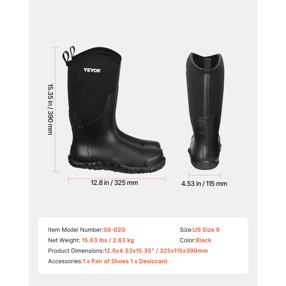 VEVOR Men's Steel Toe Rubber Boots, Protective Footwear, Waterproof Rain Fishing Boots, Outdoor Non-Slip Work Shoes, Lightweight and Durable, for Manufacturing, Construction, Farming, Size 9 US