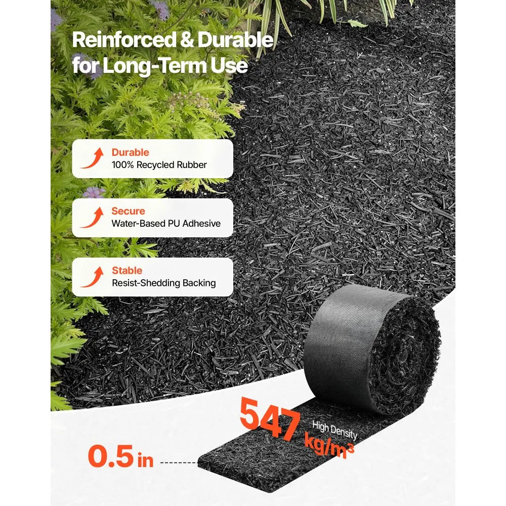 VEVOR Rubber Mulch Mat Roll, 4 Rolls 120 x 4.5 in, Recycled Rubber Permanent Mulch Edging Border, Natural-Looking Flower Barrier with Stakes, 0.5 in Thick Cuttable Garden Edgings for Landscaping