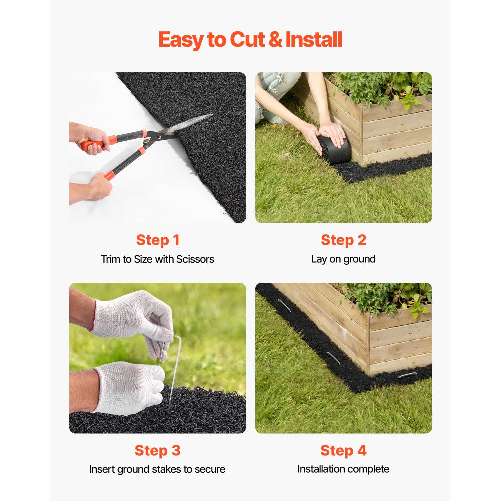 VEVOR Rubber Mulch Mat Roll, 2 Rolls 120 x 4.5 in, Recycled Rubber Permanent Mulch Edging Border, Natural-Looking Flower Barrier with Stakes, 0.5 in Thick Cuttable Garden Edgings for Landscaping