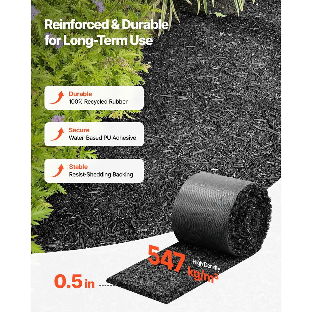 VEVOR Rubber Mulch Mat Roll, 2 Rolls 140 x 4.5 in, Recycled Rubber Permanent Mulch Edging Border, Natural-Looking Flower Barrier with Stakes, 0.5 in Thick Cuttable Garden Edgings for Landscaping