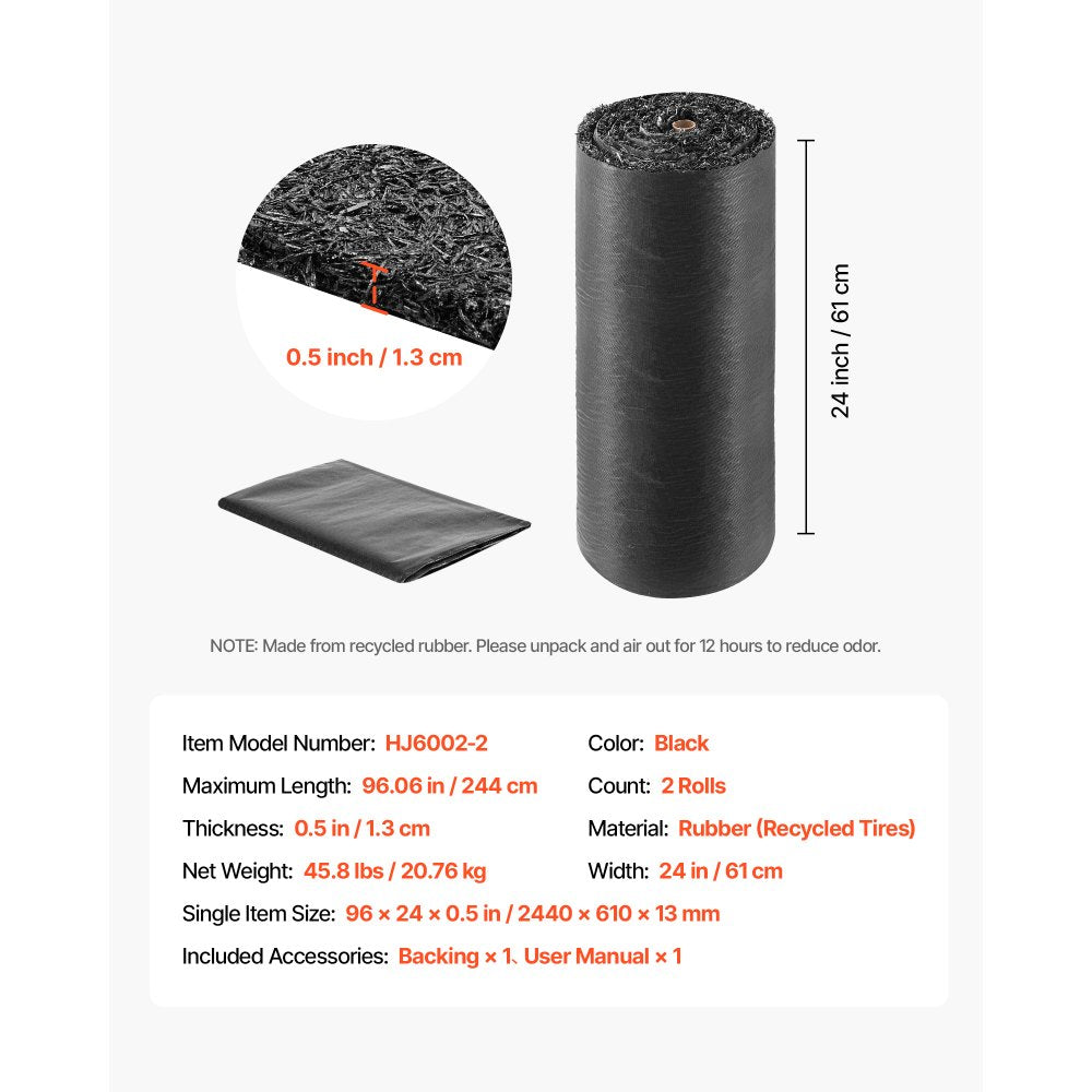 VEVOR Rubber Mulch Mat Roll, 2 Rolls 96 x 24 in Recycled Rubber Mulch Mat, 0.5 Thick Cuttable, Reduced Weed Growth, Natural-Looking Weed Barrier Mat, Permanent Walkway Pathway for Landscaping