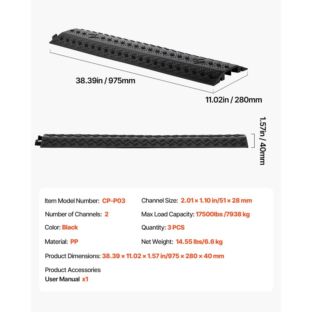 VEVOR Drop Over Cable Cover, 17,500 lbs/Axle Load Capacity, Heavy Duty Cable Hose Protector Ramp, Floor Cord Cover, for High Walking Traffic Areas, Indoor, Outdoor, Home, Office, Warehouse, 3 Pack