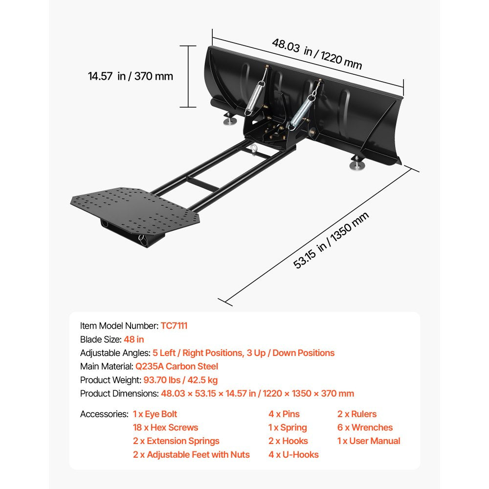 VEVOR Snow Plow Kit 48 in Universal Plow Attachment 3 Mount Options Black, for Most ATVs and UTVs, Height & Left-Right Adjustable, Quick to Detach, Steel ATV Scrape Blade, Efficient Snows Clearing