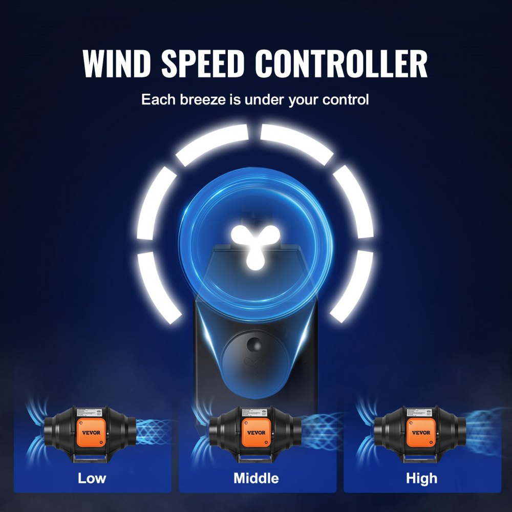 VEVOR Inline Duct Fan, 4-Inch 200 CFM with Variable Speed Controller, Quiet AC-motor Ventilation Exhaust Fan for Cooling Booster, Grow Tents, Hydroponics