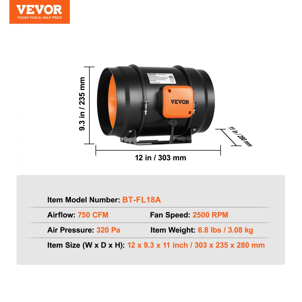 VEVOR Inline Duct Fan, 8-Inch 750 CFM with Variable Speed Controller, Quiet AC-motor Ventilation Exhaust Fan for Cooling Booster, Grow Tents, Hydroponics