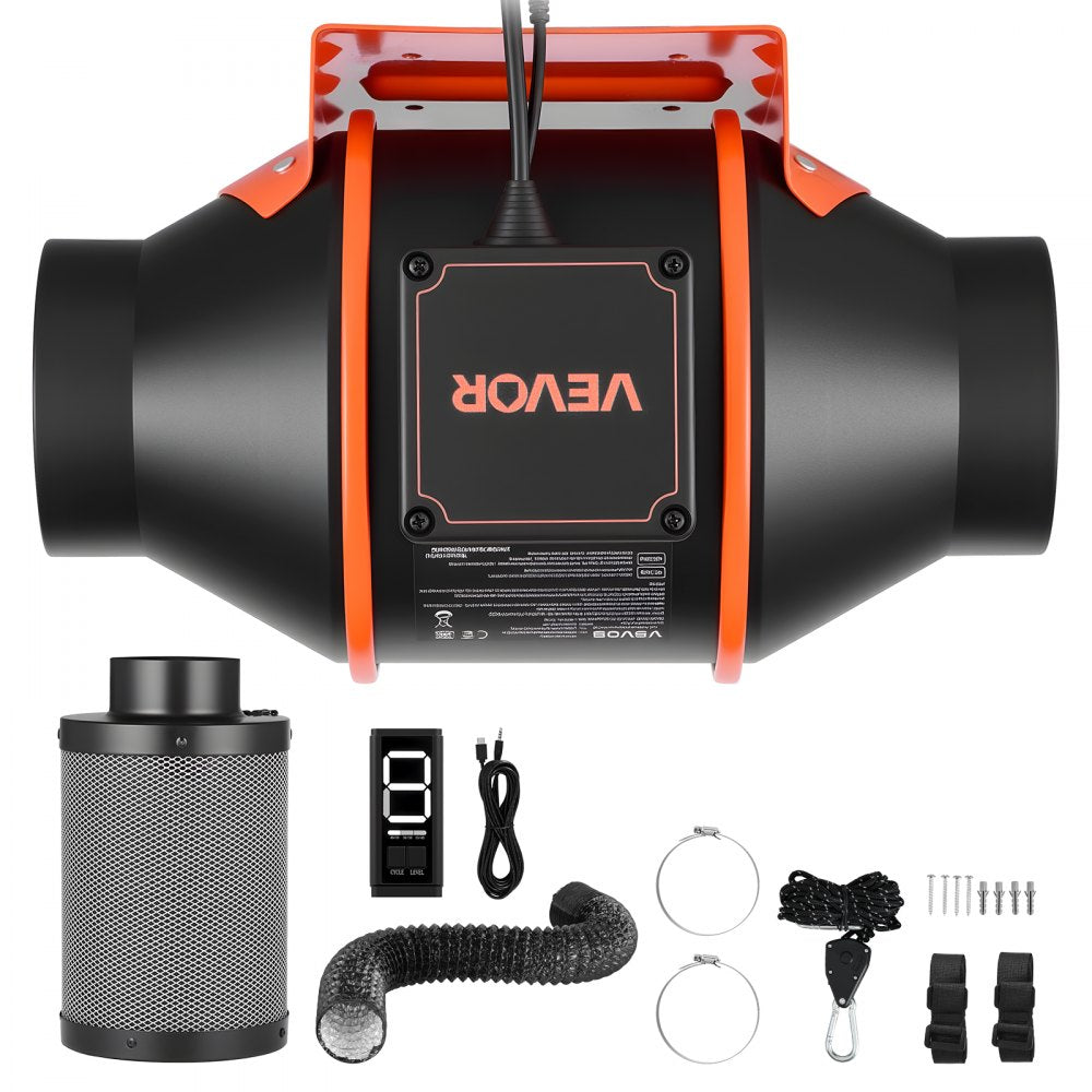 VEVOR Inline Duct Fan Kit with Carbon Filter, 205 CFM 4 inch EC Motor Ventilation Fan with 3-Speed Circulation, 10-Speed PWM Controller, Timer, Cooling for Grow Tents, Indoor Gardening, Hydroponics