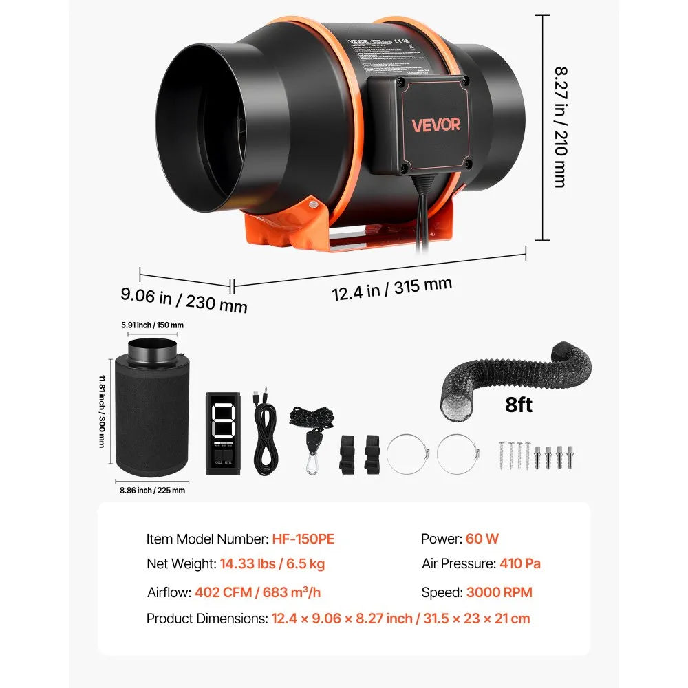 VEVOR Inline Duct Fan Kit with Carbon Filter, 402 CFM 6 inch EC Motor Ventilation Fan with 3-Speed Circulation, 10-Speed PWM Controller, Timer, Cooling for Grow Tents, Indoor Gardening, Hydroponics