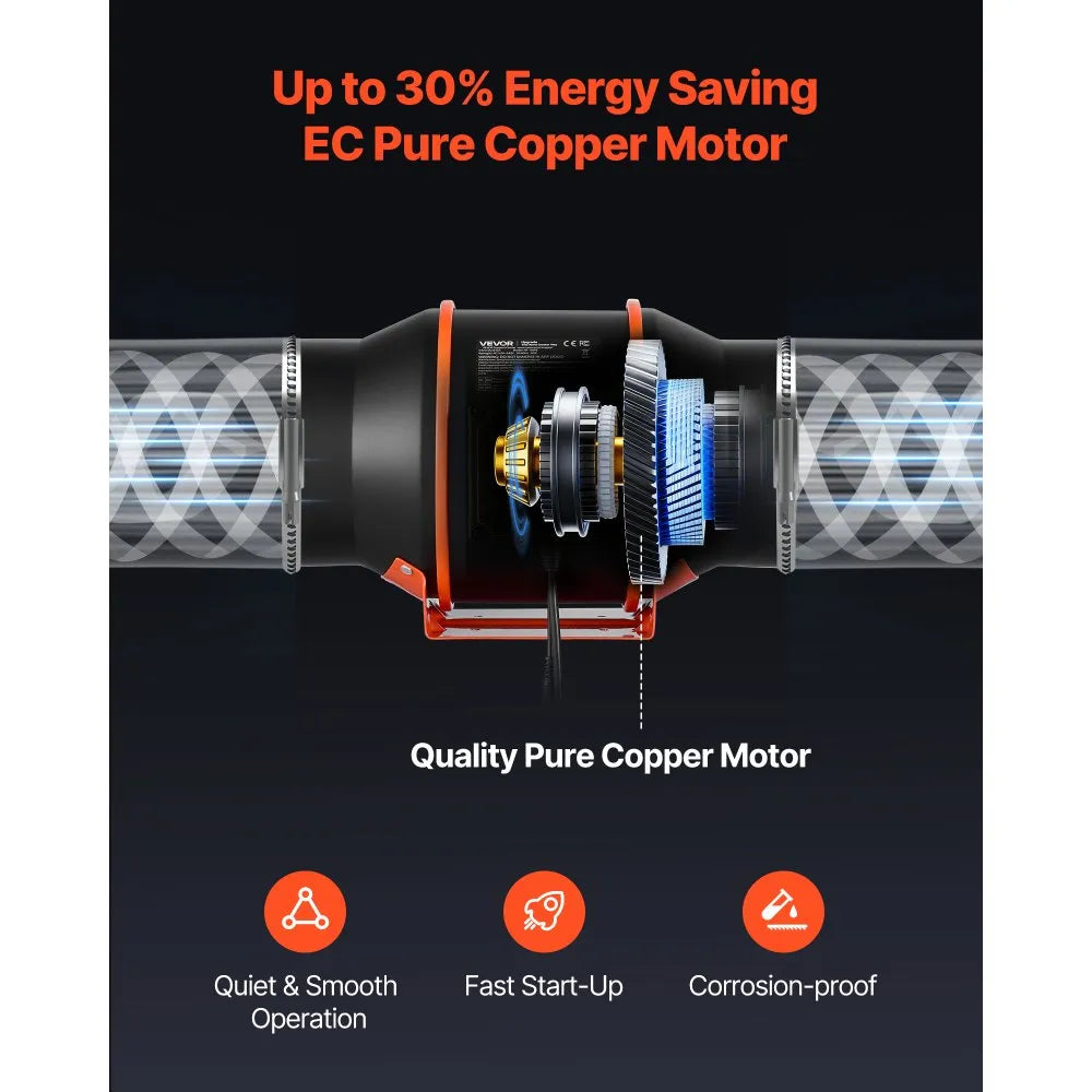 VEVOR Inline Duct Fan Kit Carbon Filter, 402 CFM 6 inch EC Motor Exhaust Ventilation Fan with 10-Speed, PWM Controller, App Control, Timer, Cooling System for Grow Tent, Indoor Gardening, Hydroponics