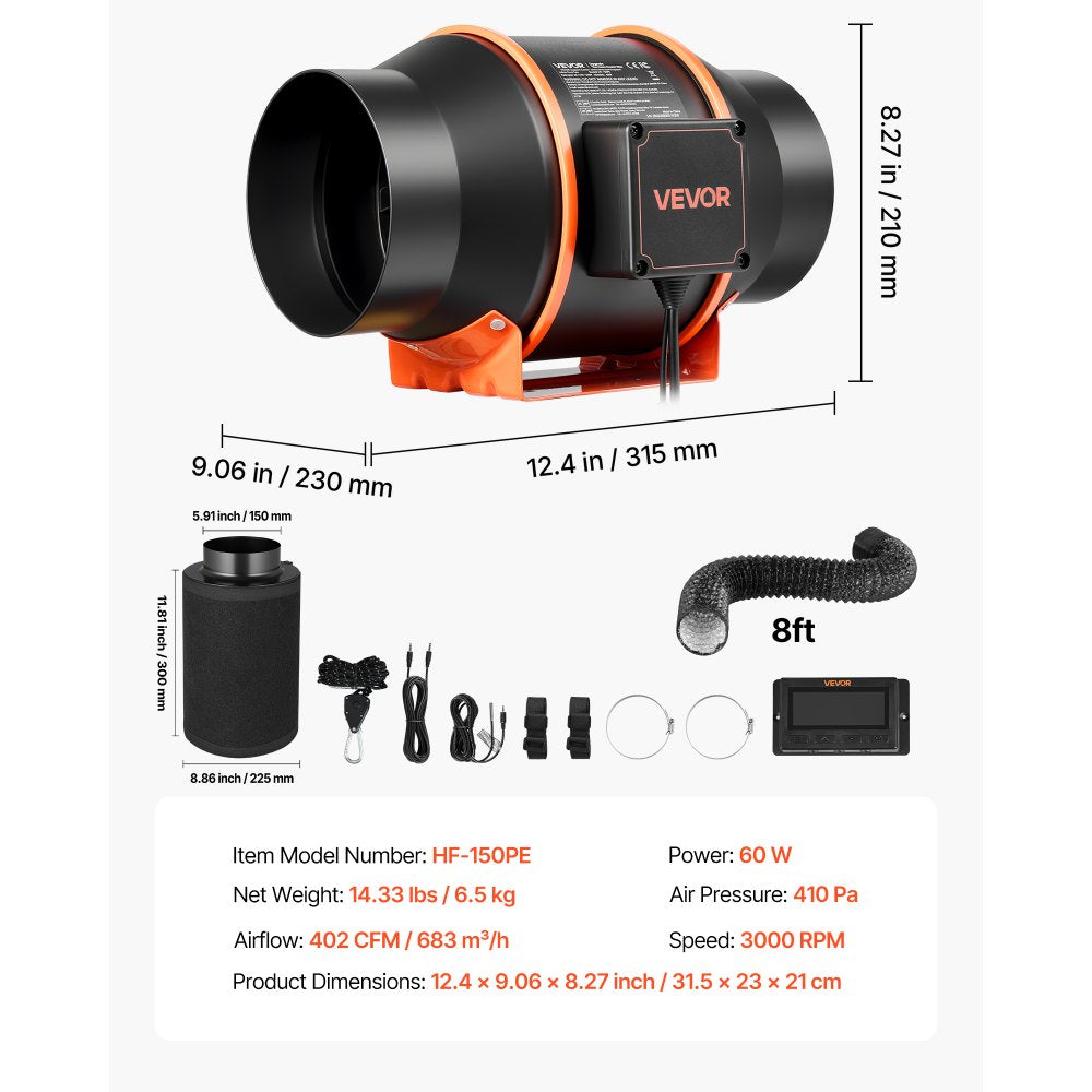 VEVOR Inline Duct Fan Kit Carbon Filter, 402 CFM 6 inch EC Motor Exhaust Ventilation Fan with 10-Speed, PWM Controller, App Control, Timer, Cooling System for Grow Tent, Indoor Gardening, Hydroponics