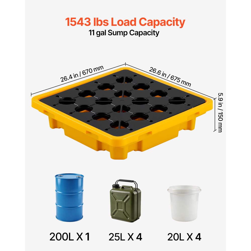 VEVOR Spill Containment Pallet, 1 Drum Low Profile Spill Containment Modular Platform, 11.4 Gallon Sump, 1543 lbs Load Capacity, Heavy-Duty Polyethylene Tray with Drain, 26.4" x 26.6" x 5.9", Yellow