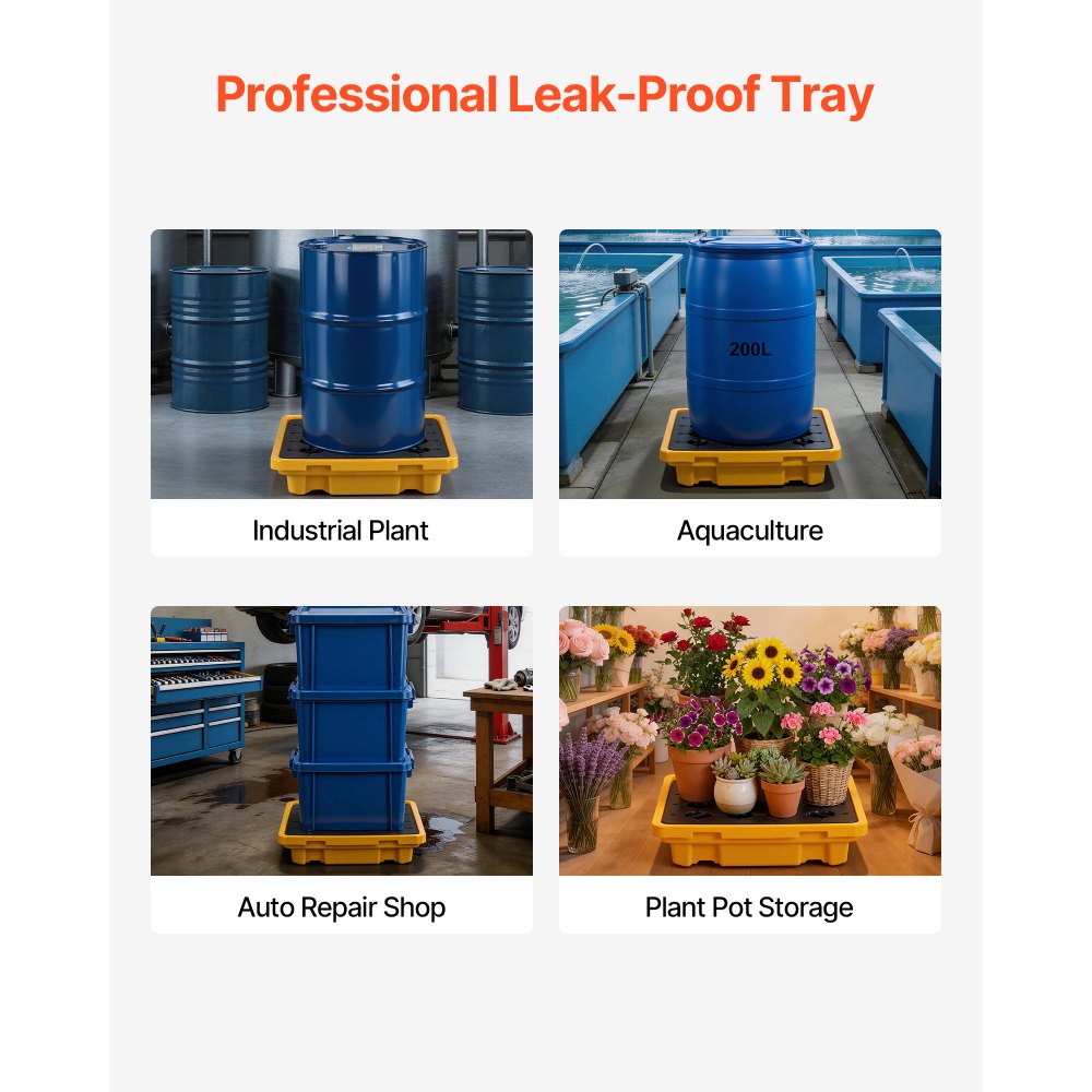 VEVOR Spill Containment Pallet, 1 Drum Low Profile Spill Containment Modular Platform, 11.4 Gallon Sump, 1543 lbs Load Capacity, Heavy-Duty Polyethylene Tray with Drain, 26.4" x 26.6" x 5.9", Yellow