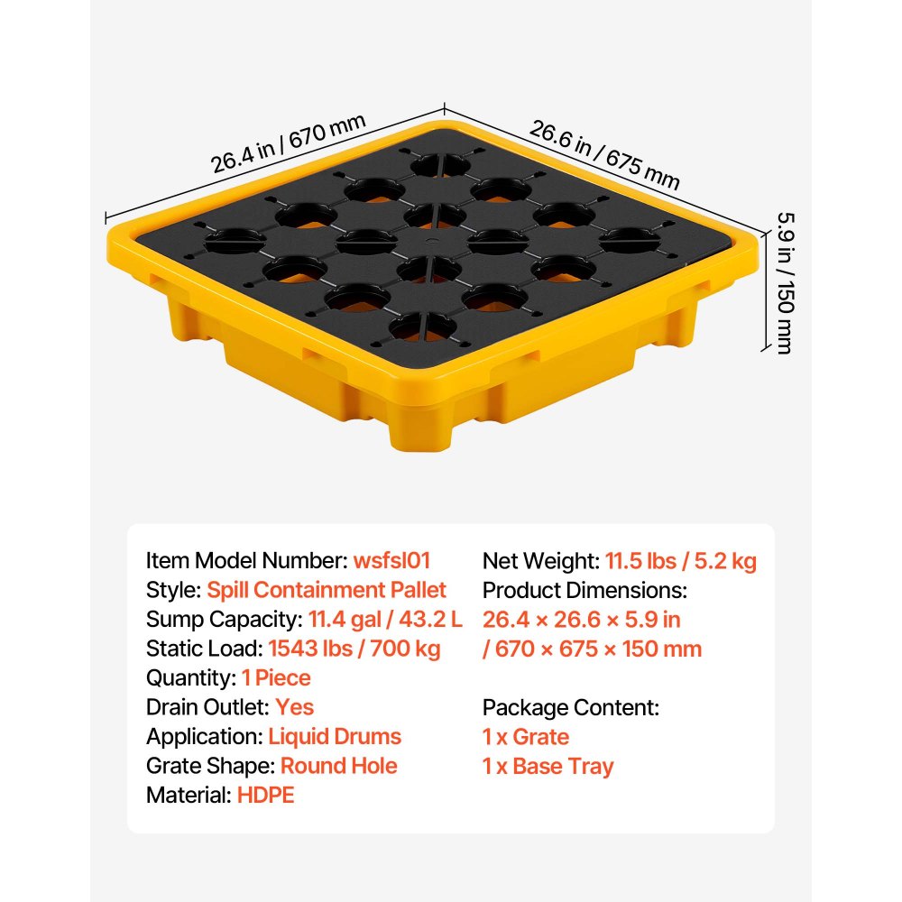VEVOR Spill Containment Pallet, 1 Drum Low Profile Spill Containment Modular Platform, 11.4 Gallon Sump, 1543 lbs Load Capacity, Heavy-Duty Polyethylene Tray with Drain, 26.4" x 26.6" x 5.9", Yellow