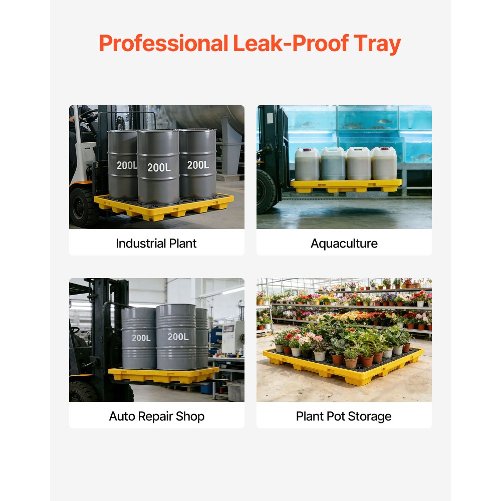 VEVOR Spill Containment Pallet, 4 Drum Low Profile Spill Containment Modular Platform, 31 Gallon Sump, 8818 lbs Load Capacity, Heavy-Duty Polyethylene Tray with Drain, 51.4" x 50.4" x 5.9", Yellow