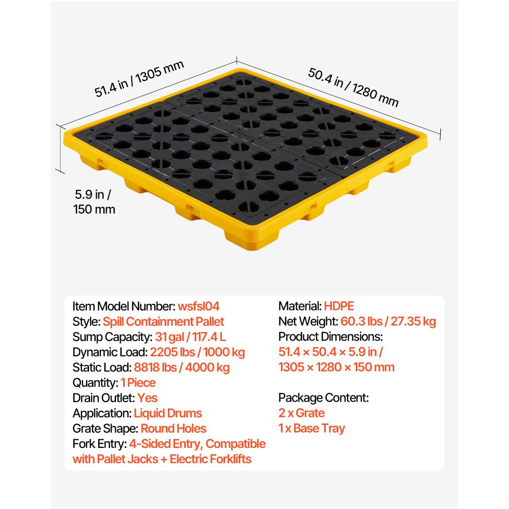 VEVOR Spill Containment Pallet, 4 Drum Low Profile Spill Containment Modular Platform, 31 Gallon Sump, 8818 lbs Load Capacity, Heavy-Duty Polyethylene Tray with Drain, 51.4" x 50.4" x 5.9", Yellow