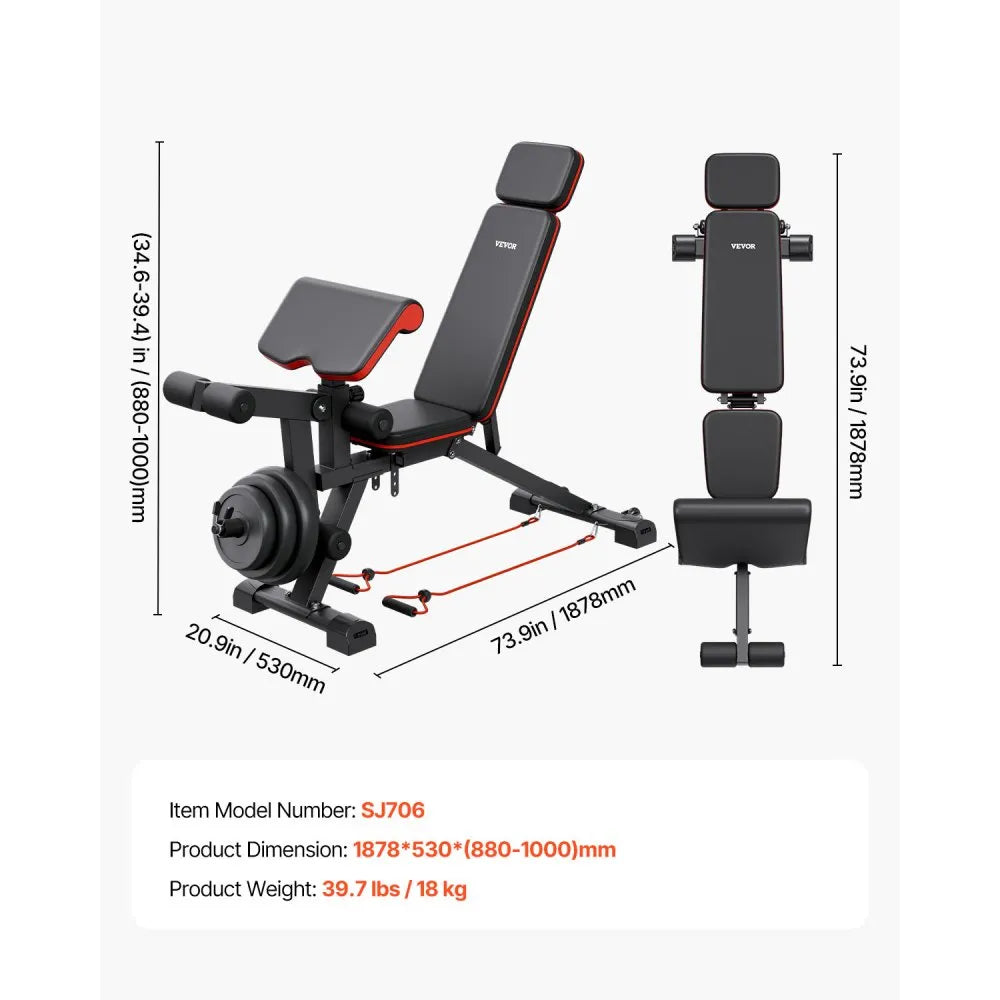 VEVOR Weight Bench, 800lbs Adjustable Weight Bench Press for Full Body Workout, Exercise Sit up Bench for Home Gym Strength Training, Flat Bench with with Leg Extension, Preacher Pad, Fast Adjustment