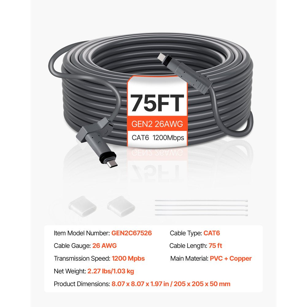 VEVOR Starlink Gen 2 Cable, 75 FT, 26 AWG Copper Core, Durable Extension Cable for Standard Generation 2, Compatible with Starlink Rectangular Satellite V2, Flexible Wiring for RV, Backyard or Camping