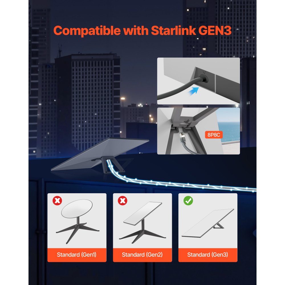 VEVOR Starlink Gen 3 Cable, 100 FT, 24 AWG Copper Core, Durable Extension Cable for Standard Generation 3, Compatible with Starlink Rectangular Satellite V3, Flexible Wiring for RV, Backyard, Camping