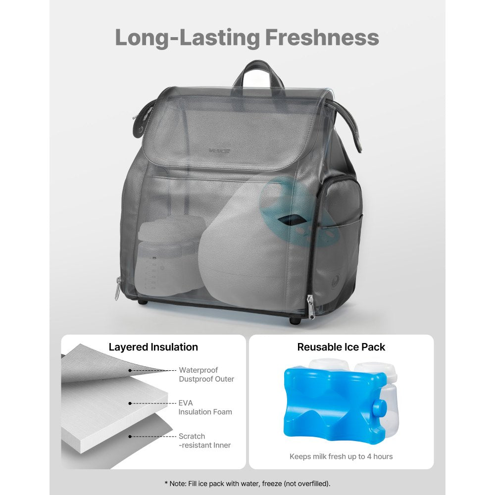 VEVOR Breast Pump Backpack, Breast Feeding Bag with Ice Pack, Fits for S1/S2, Pumping Accessories & Breastmilk Storage, Portable Pump Carrying Case for Work, Travel and Family Use, Black