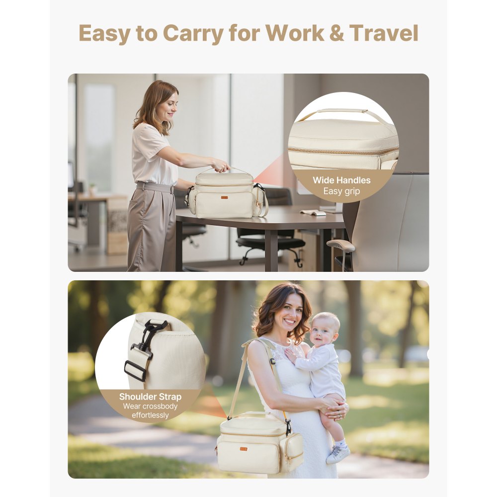 VEVOR Breast Pump Bag, Breast Feeding Bag with Waterproof Mat, Fits for S1/S2, Pumping Accessories & Breastmilk Storage, Portable Pump Carrying Case for Work, Travel and Family Use, Beige