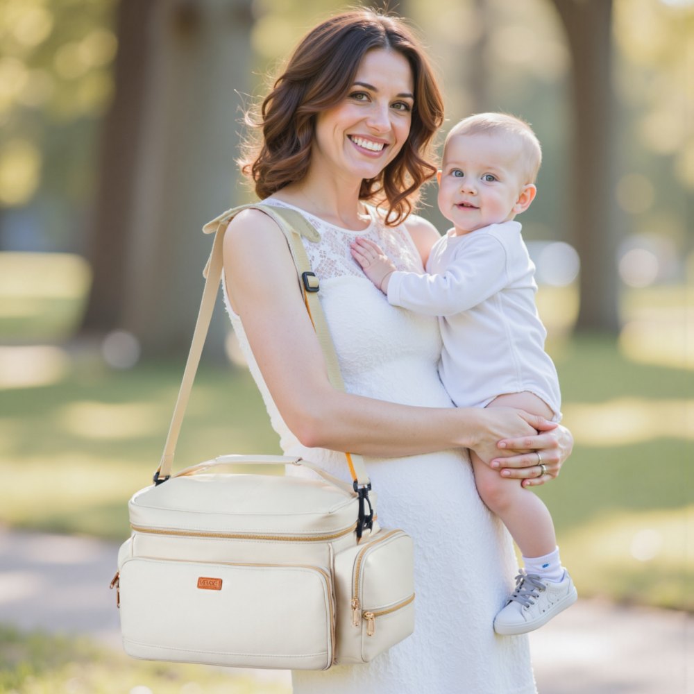 VEVOR Breast Pump Bag, Breast Feeding Bag with Waterproof Mat, Fits for S1/S2, Pumping Accessories & Breastmilk Storage, Portable Pump Carrying Case for Work, Travel and Family Use, Beige