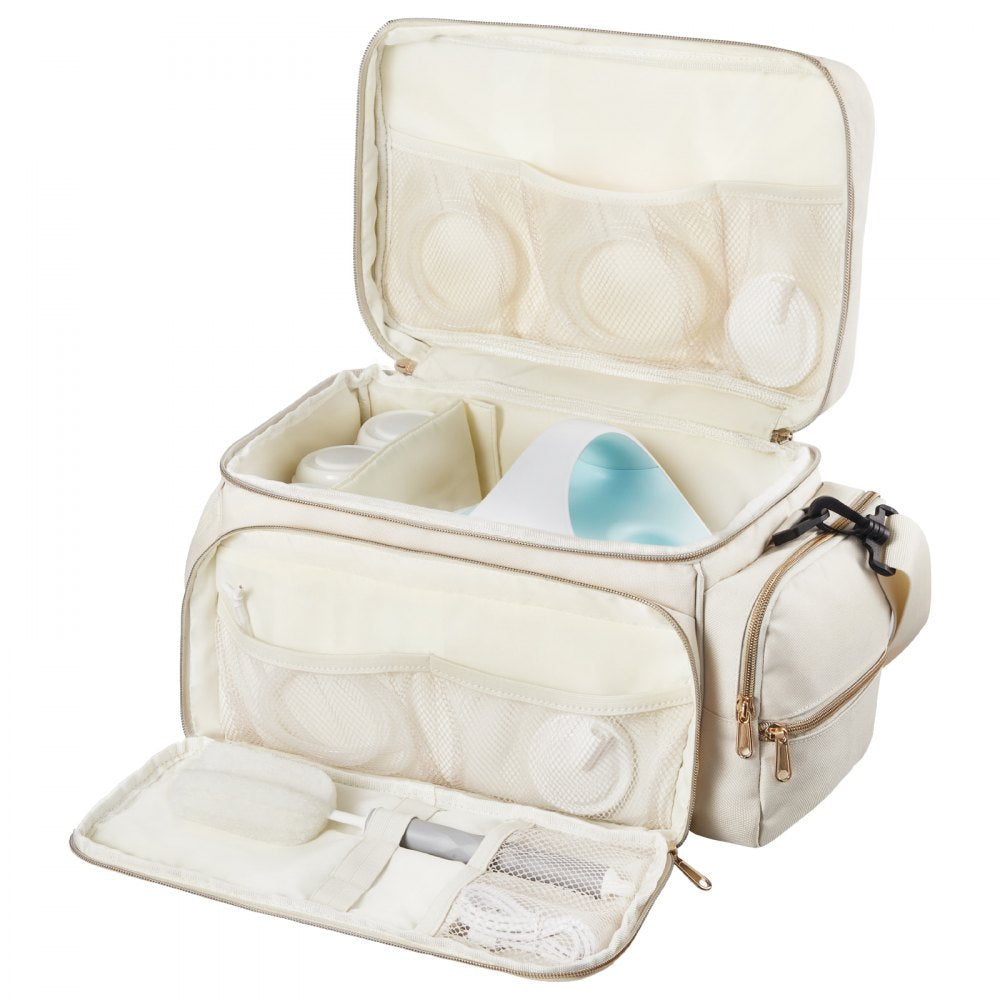 VEVOR Breast Pump Bag, Breast Feeding Bag with Waterproof Mat, Fits for S1/S2, Pumping Accessories & Breastmilk Storage, Portable Pump Carrying Case for Work, Travel and Family Use, Beige
