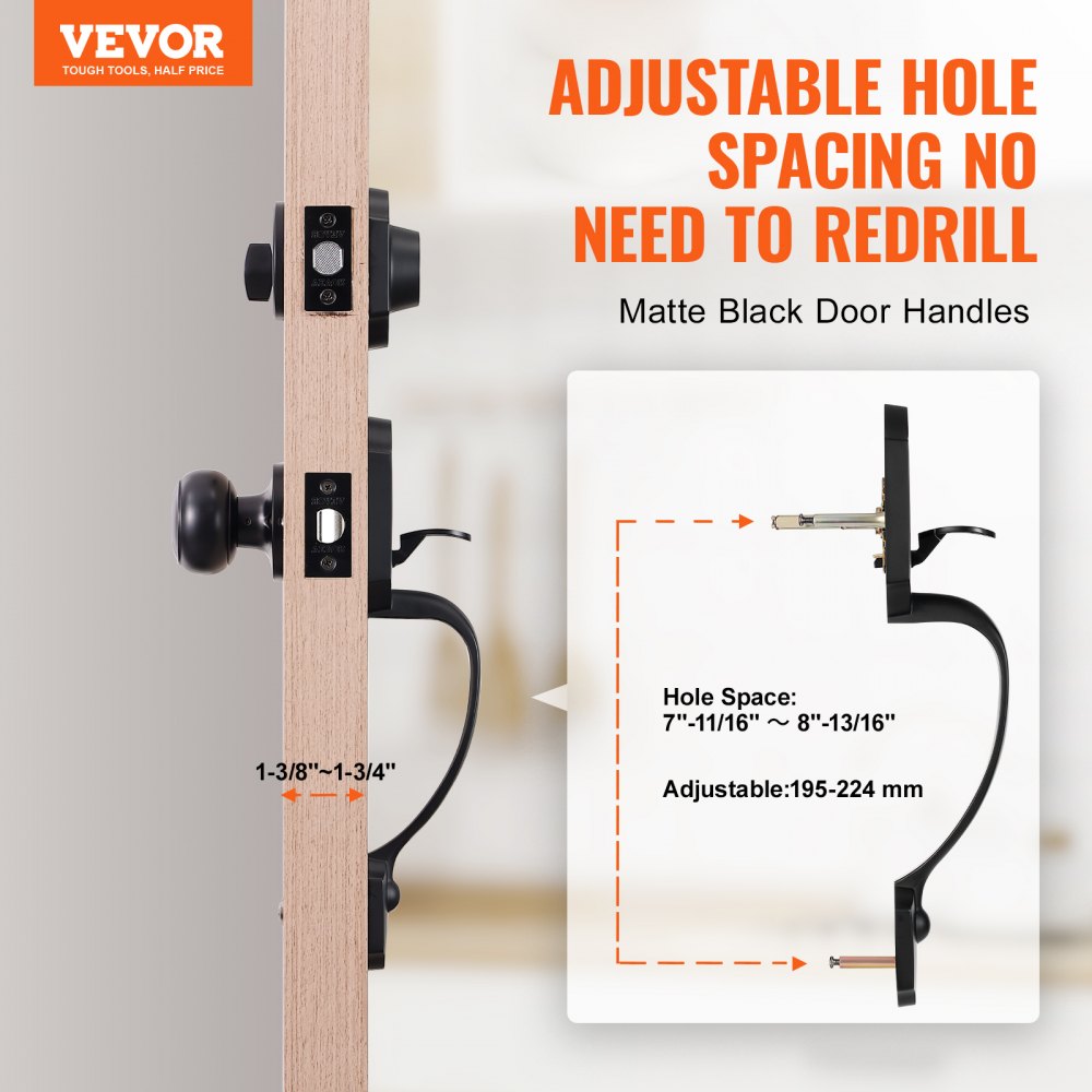 VEVOR Front Door Handle and Deadbolt Set, Matte Black Front Door Lock Set with Interior Knob,  Adjustable Hole Spacing Single Cylinder Handleset, for Right and Left Handed Entrance and Front Door