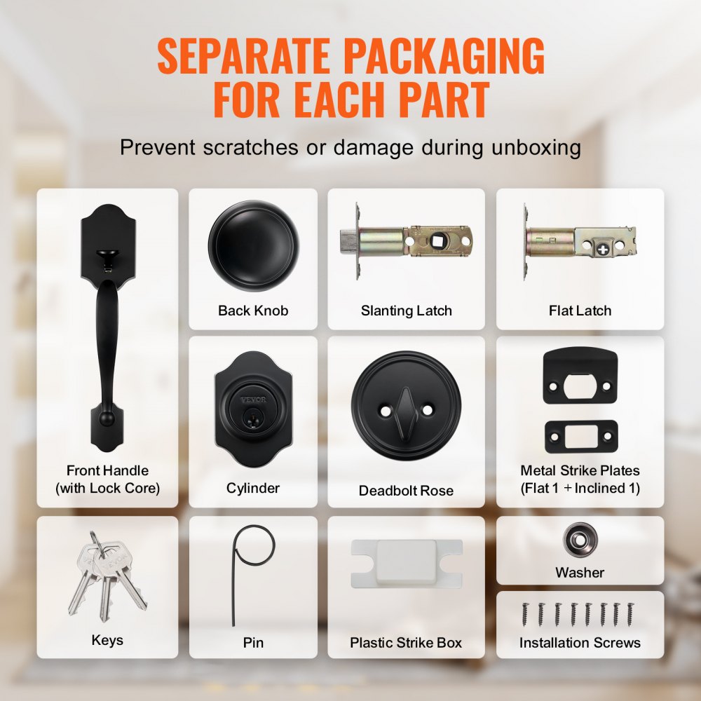 VEVOR Front Door Handle and Deadbolt Set, Matte Black Front Door Lock Set with Interior Knob,  Adjustable Hole Spacing Single Cylinder Handleset, for Right and Left Handed Entrance and Front Door