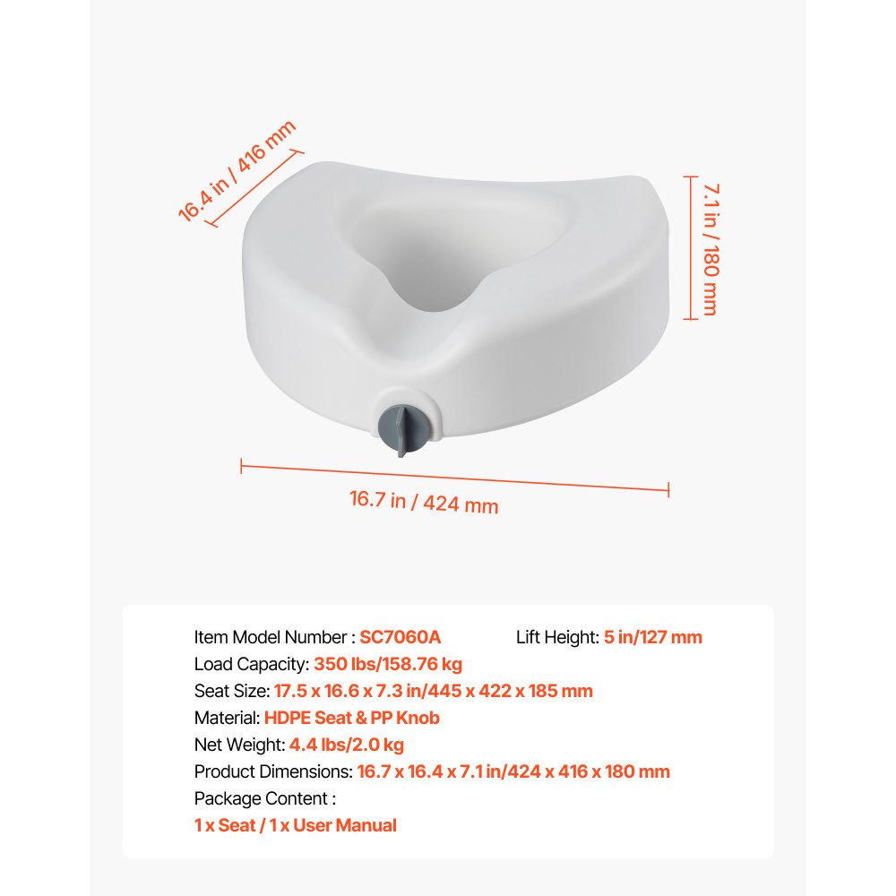 VEVOR Raised Toilet Seat, 350 lbs Capacity, 5-Inch Lift Height, Commode Elevated Toilet Seat Riser with Enlarged Opening for Seniors, Elderly, Handicap, Disabled, Adults, Fits Elongated & Round Bowl