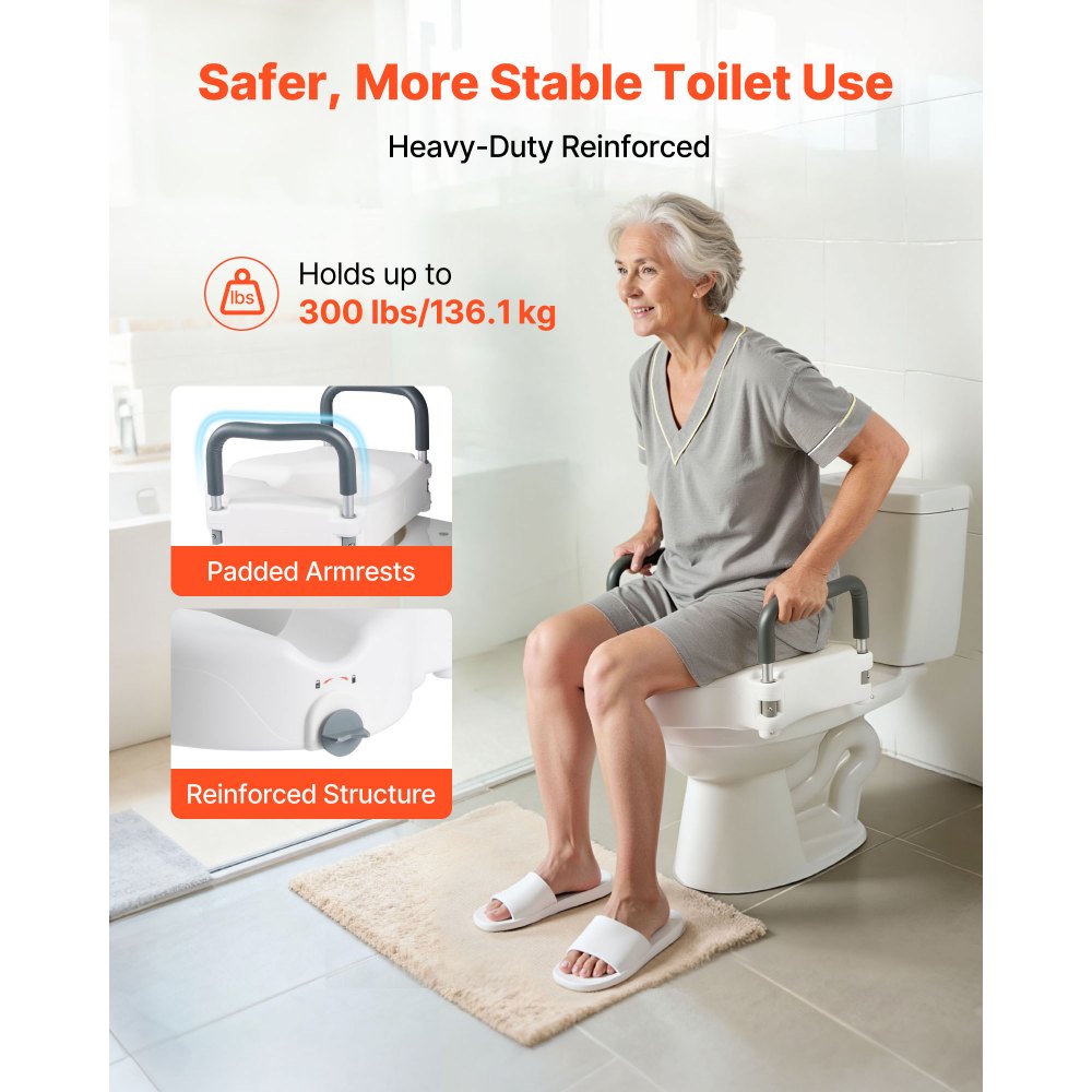 VEVOR Raised Toilet Seat with Arms, 300 lbs Load Capacity, 5-Inch Lift Height, Widened Commode Elevated Toilet Seat Riser with Padded Handles for Seniors, Elderly, Handicap, Disabled, and Adults Use
