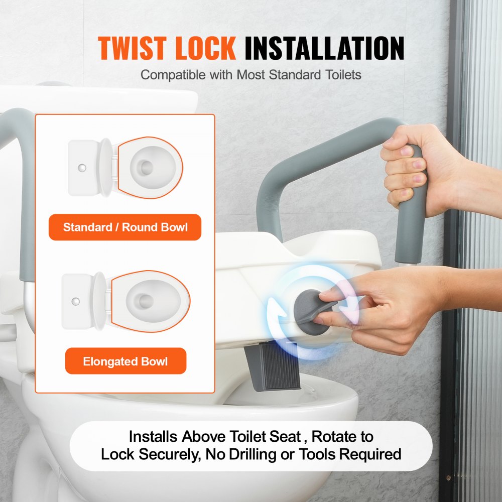 VEVOR Raised Toilet Seat, 5" Height Raised, 350 lbs Weight Capacity, for Round and Elongated Toilet, Twist Lock Installation,19.1" - 21.7" Adjustable Width, for Elderly, Handicap, Patient, Pregnant, M