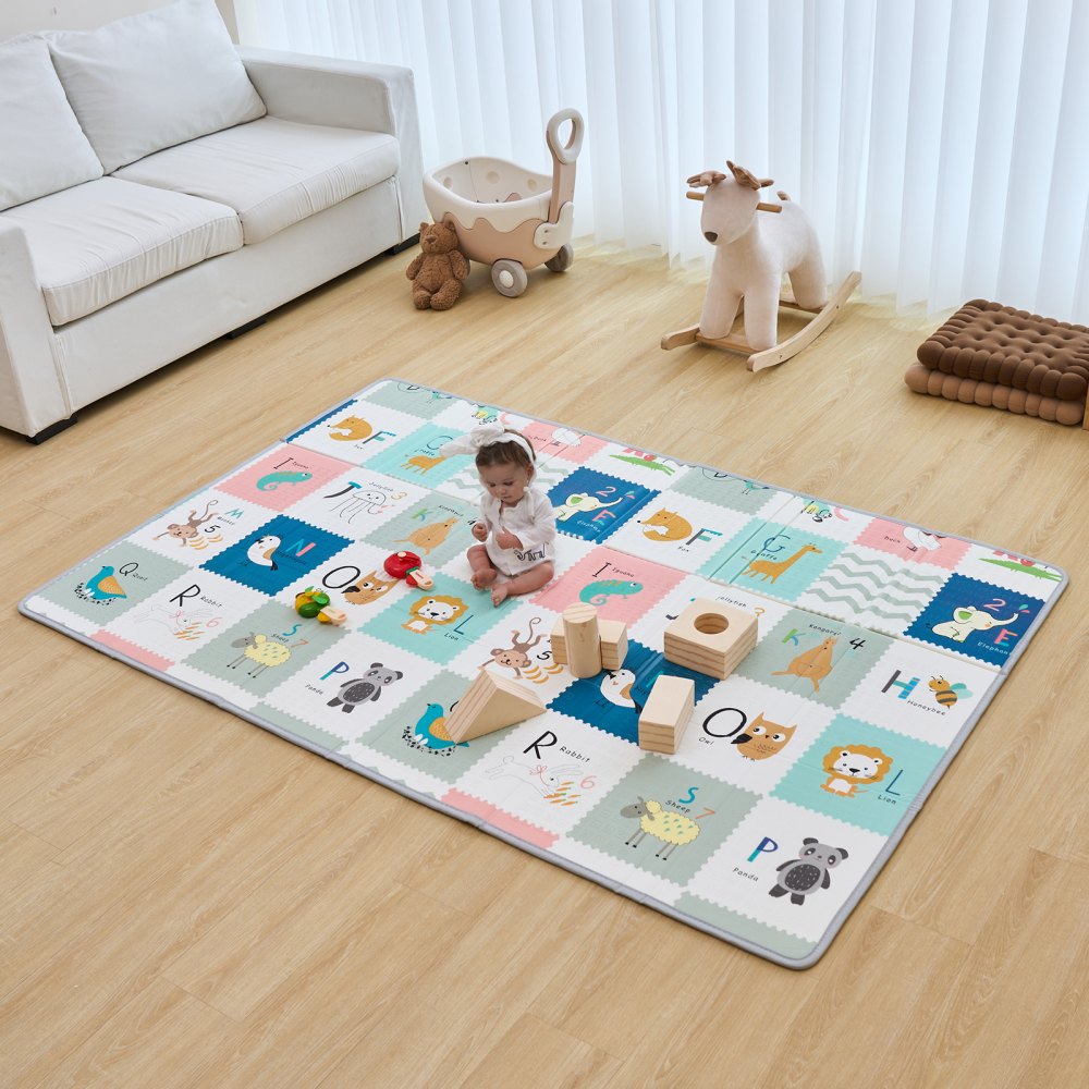 VEVOR Baby Play Mat, 51""x79"" Baby Crawling Mat, Non-Slip One-Piece Foam Baby Playmat, Foldable Portable Reversible Floor Mat with Travel Bag, Waterproof Activity Playmats for Babies, Toddlers, Infants