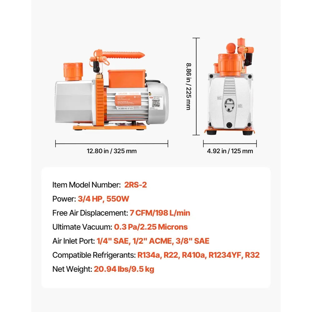 VEVOR Vacuum Pump, 7 CFM 3/4 HP, HVAC Two Stage Rotary Vane AC Vacuum Pump, for R134a R22 R410a R1234YF R32, 4 Pole Motor, for Automotive Air Conditioner Maintenance Resin Degassing, Oil Included