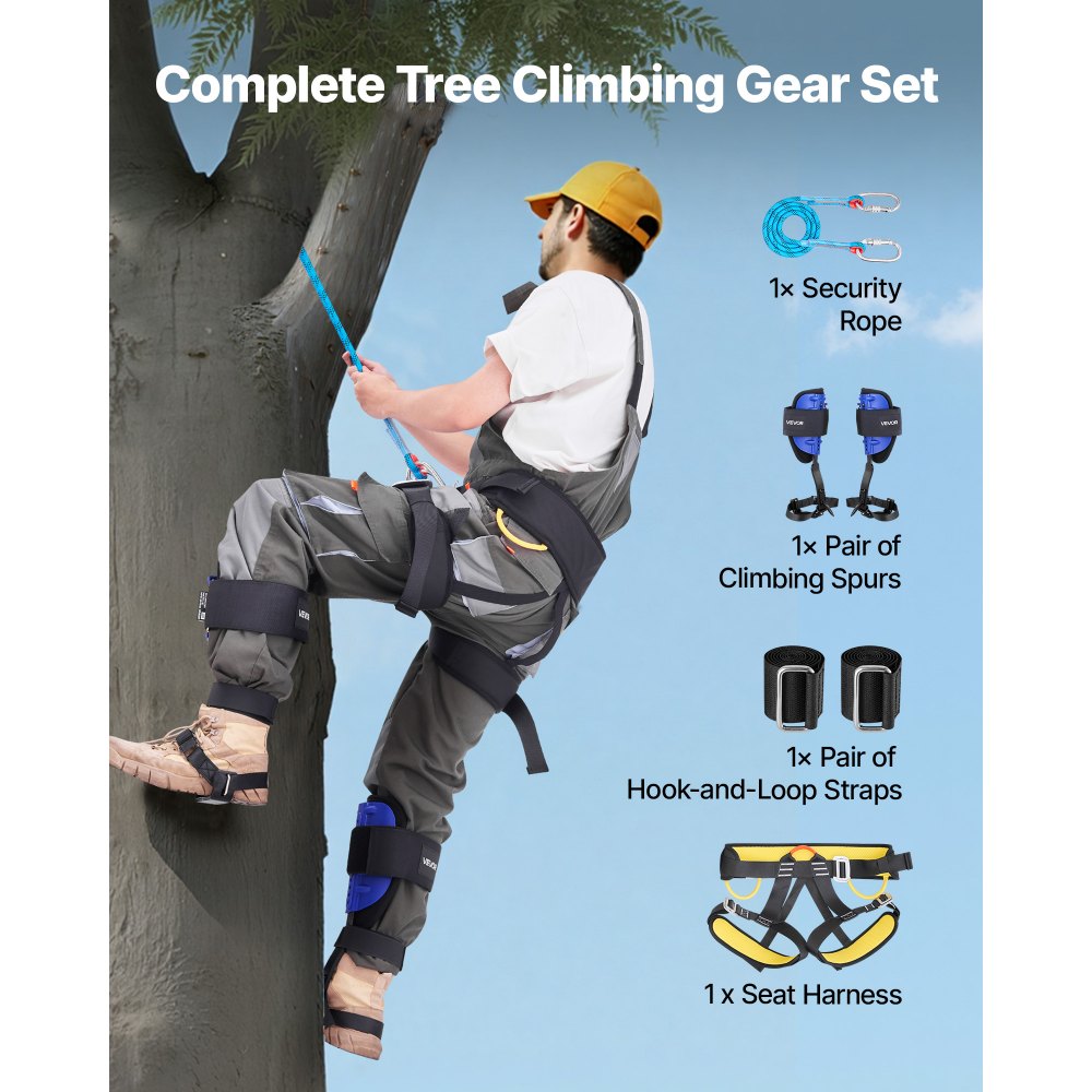 VEVOR Tree Climbing Spikes Set, Height-Adjustable Tree Climbing Gear with Straps & Harness, 350 lbs Load Capacity, Heavy Duty Steel Climb Spurs Arborist Equipment for Fruit Picking Hunting