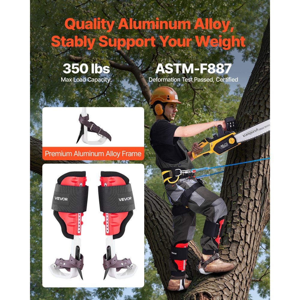 VEVOR Tree Climbing Spikes Set, Height-Adjustable Tree Climbing Gear with Straps & Spike Protectors, 350 lbs Load Capacity, Durable Aluminum Climb Spurs Arborist Equipment for Fruit Picking Hunting