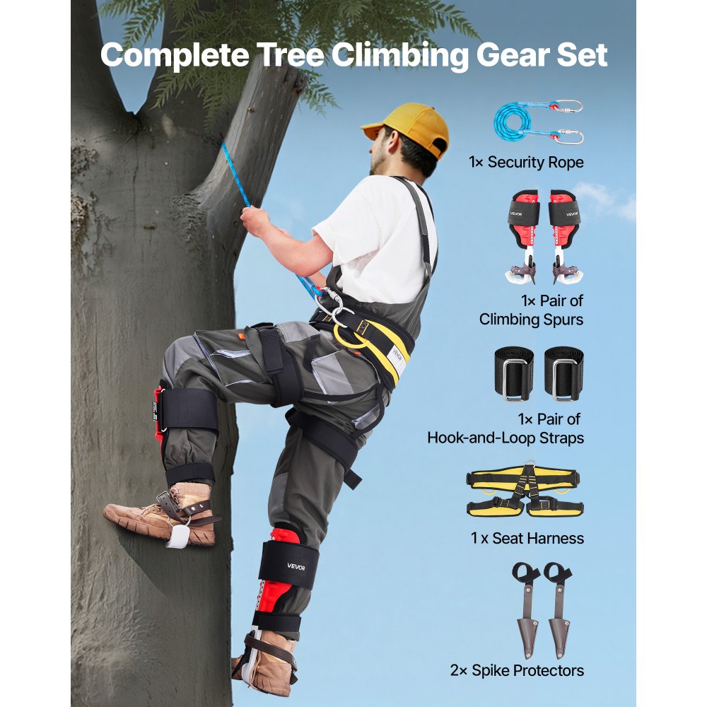 VEVOR Tree Climbing Spikes Set, Height-Adjustable Tree Climbing Gear with Straps & Spike Protectors, 350 lbs Load Capacity, Durable Aluminum Climb Spurs Arborist Equipment for Fruit Picking Hunting
