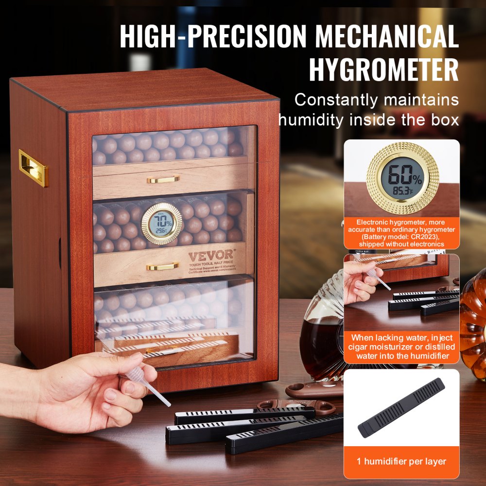 VEVOR Cigar Humidor Cabinet, Handmade Spanish Cedar Wood Cigar Humidor for 100-150 Cigars, Glass Cigar Desktop Storage Case with Digital Humidifier, Hygrometer, Shelves, and Handle, Great Gift for Men
