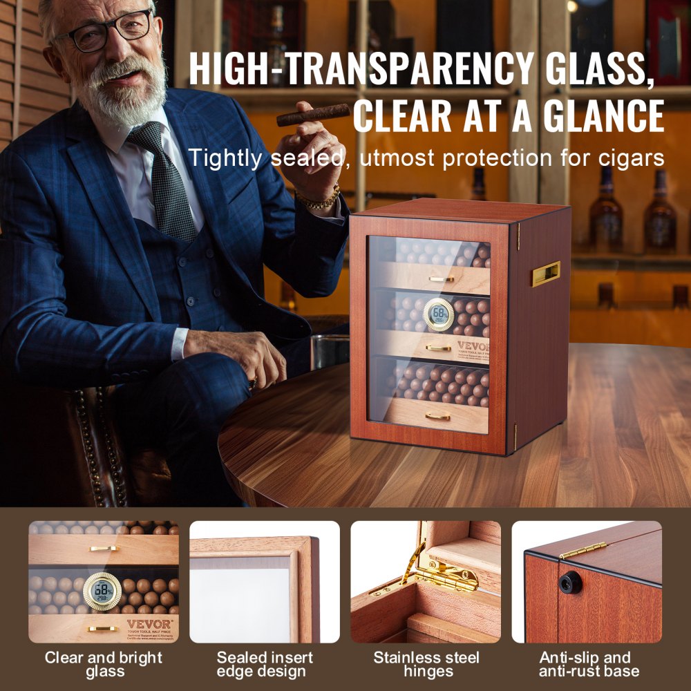 VEVOR Cigar Humidor Cabinet, Handmade Spanish Cedar Wood Cigar Humidor for 100-150 Cigars, Glass Cigar Desktop Storage Case with Digital Humidifier, Hygrometer, Shelves, and Handle, Great Gift for Men