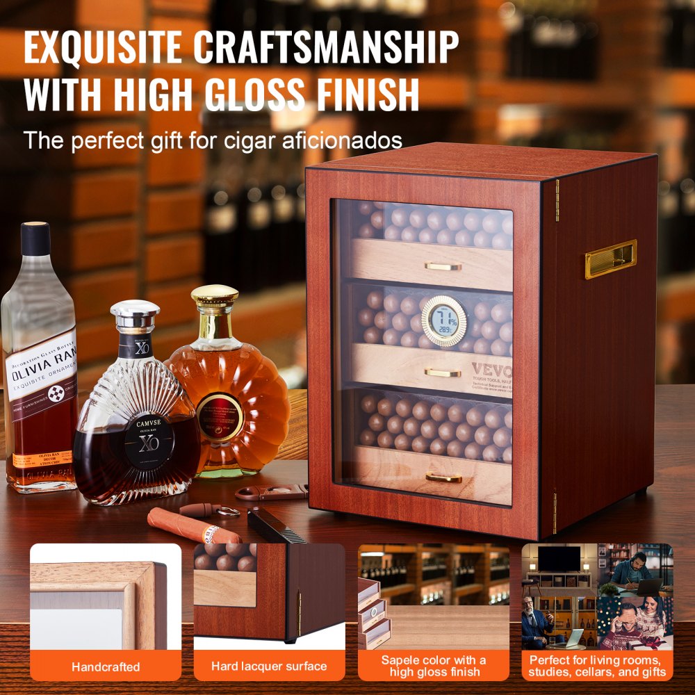 VEVOR Cigar Humidor Cabinet, Handmade Spanish Cedar Wood Cigar Humidor for 100-150 Cigars, Glass Cigar Desktop Storage Case with Digital Humidifier, Hygrometer, Shelves, and Handle, Great Gift for Men
