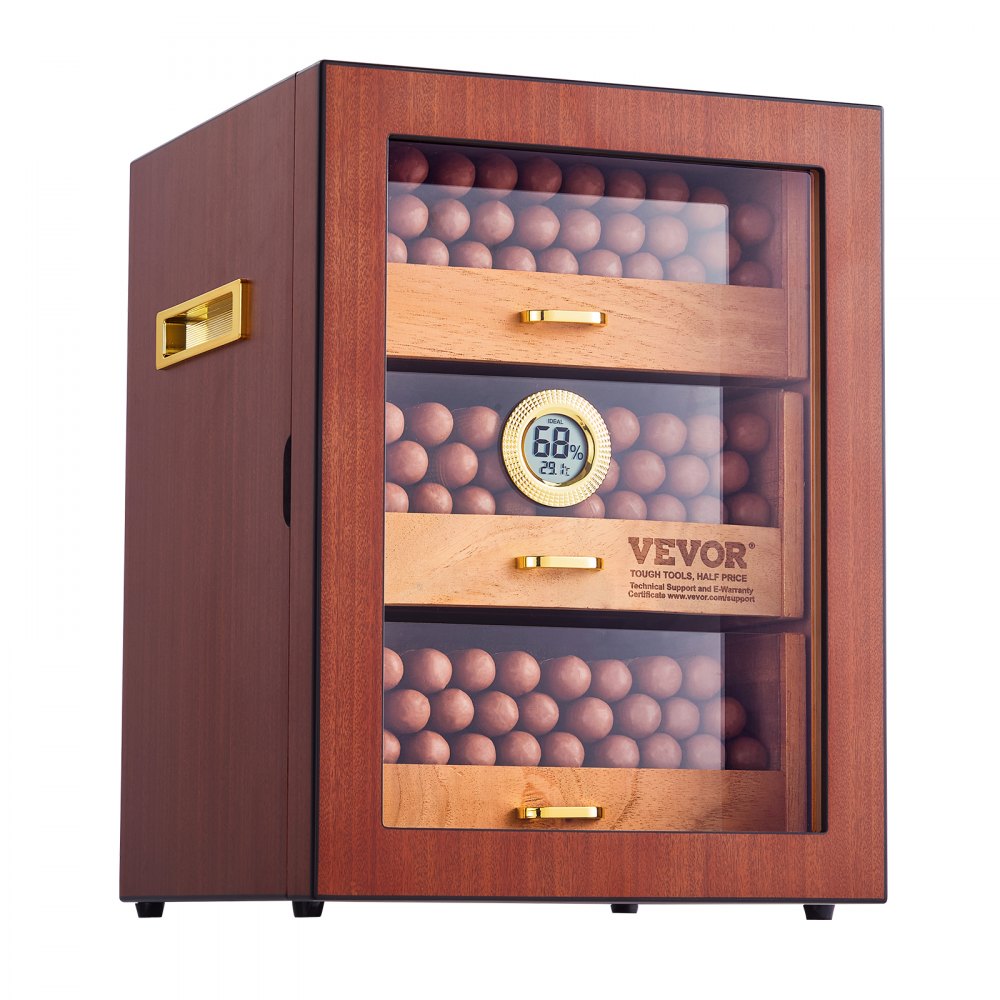 VEVOR Cigar Humidor Cabinet, Handmade Spanish Cedar Wood Cigar Humidor for 100-150 Cigars, Glass Cigar Desktop Storage Case with Digital Humidifier, Hygrometer, Shelves, and Handle, Great Gift for Men