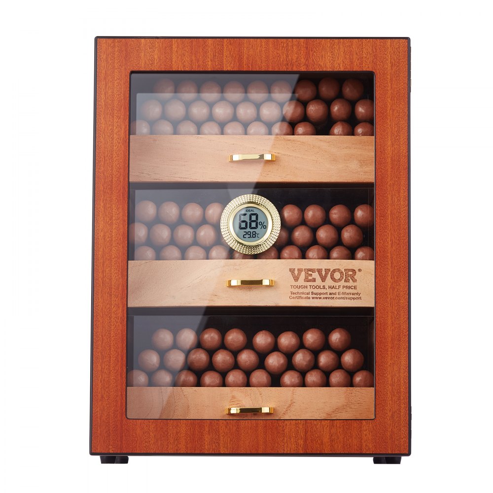 VEVOR Cigar Humidor Cabinet, Handmade Spanish Cedar Wood Cigar Humidor for 100-150 Cigars, Glass Cigar Desktop Storage Case with Digital Humidifier, Hygrometer, Shelves, and Handle, Great Gift for Men