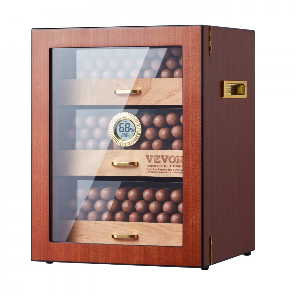 VEVOR Cigar Humidor Cabinet, Handmade Spanish Cedar Wood Cigar Humidor for 100-150 Cigars, Glass Cigar Desktop Storage Case with Digital Humidifier, Hygrometer, Shelves, and Handle, Great Gift for Men