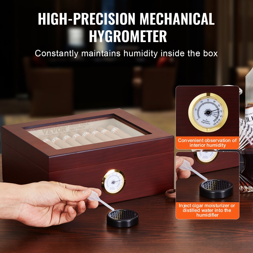 VEVOR Cigar Humidor, Glass Top Cigar Humidor Box, Handmade Spanish Cedar Wood Cigar Desktop Box, Cigar Storage Case with Humidifier, Hygrometer and Divider, 30-50 Cigars, Great Gift for Men