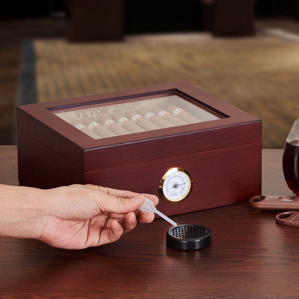 VEVOR Cigar Humidor, Glass Top Cigar Humidor Box, Handmade Spanish Cedar Wood Cigar Desktop Box, Cigar Storage Case with Humidifier, Hygrometer and Divider, 30-50 Cigars, Great Gift for Men