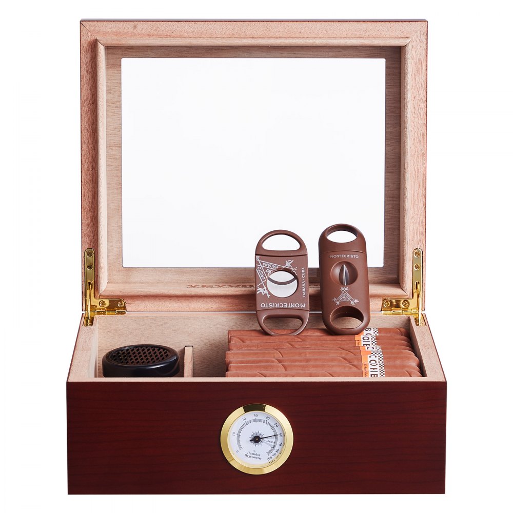 VEVOR Cigar Humidor, Glass Top Cigar Humidor Box, Handmade Spanish Cedar Wood Cigar Desktop Box, Cigar Storage Case with Humidifier, Hygrometer and Divider, 30-50 Cigars, Great Gift for Men