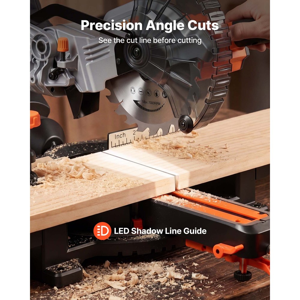 VEVOR Sliding Compound Miter Saw, 7-1/4 inch Blade, DC 18.5V Cordless Miter Saw, with LED Precision Alignment, Adjustable Angles, Battery and Charger Included, for Cutting Wood, Metals, Laminates