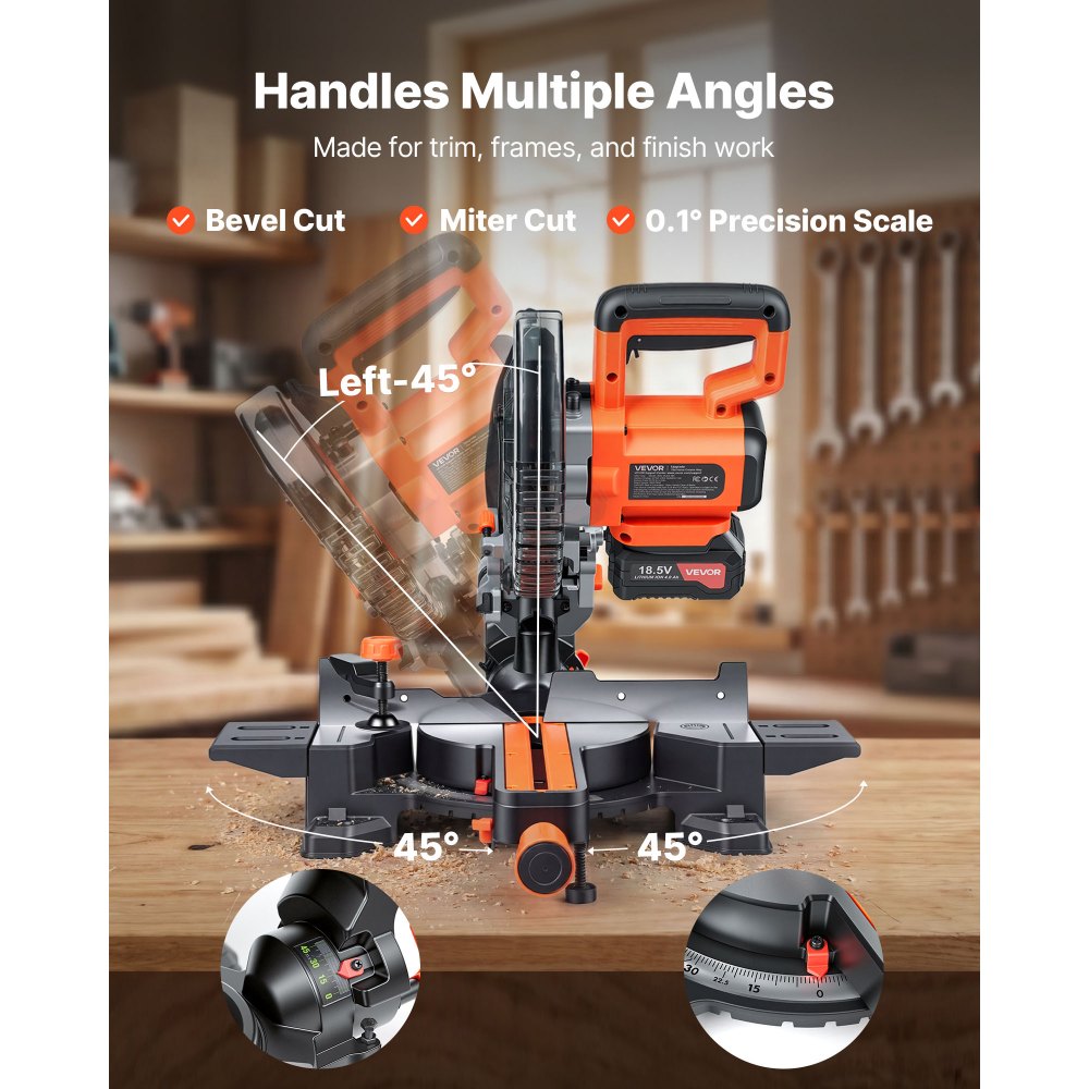 VEVOR Sliding Compound Miter Saw, 7-1/4 inch Blade, DC 18.5V Cordless Miter Saw, with LED Precision Alignment, Adjustable Angles, Battery and Charger Included, for Cutting Wood, Metals, Laminates