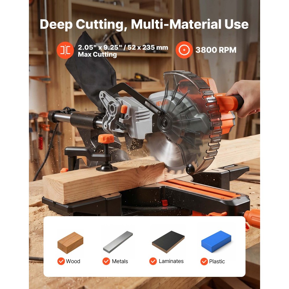 VEVOR Sliding Compound Miter Saw, 7-1/4 inch Blade, DC 18.5V Cordless Miter Saw, with LED Precision Alignment, Adjustable Angles, Battery and Charger Included, for Cutting Wood, Metals, Laminates