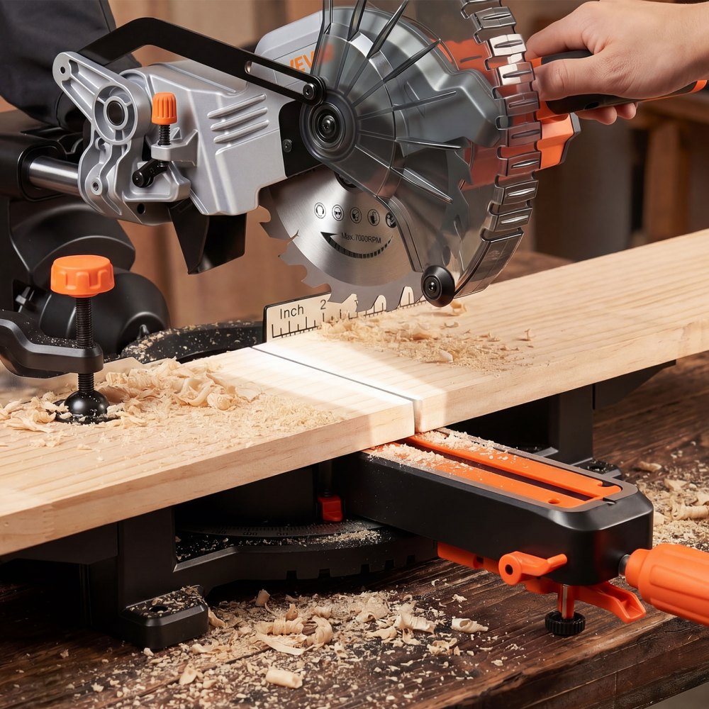 VEVOR Sliding Compound Miter Saw, 7-1/4 inch Blade, DC 18.5V Cordless Miter Saw, with LED Precision Alignment, Adjustable Angles, Battery and Charger Included, for Cutting Wood, Metals, Laminates